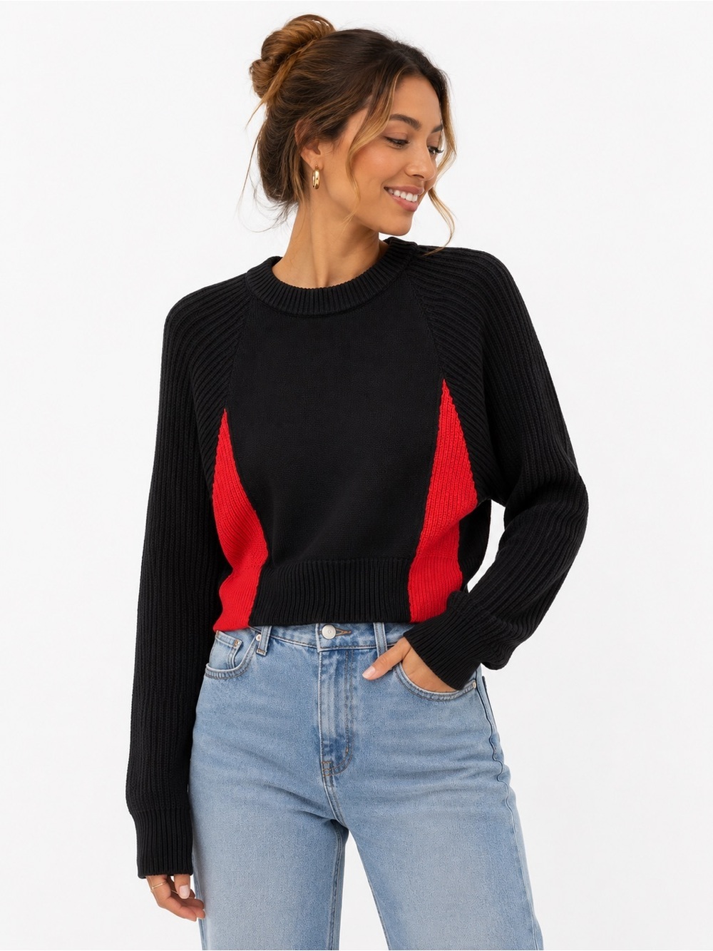 Zara Knit Cropped Colorblock Sweater Black Red